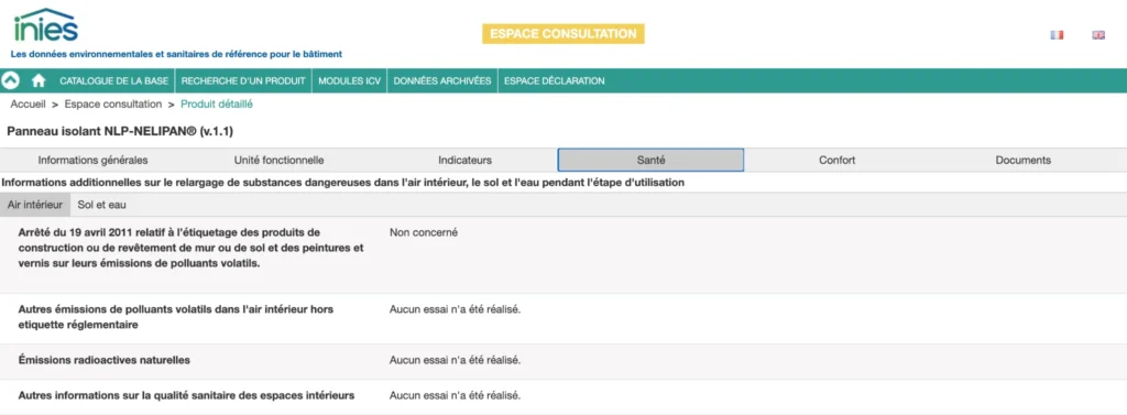 Interface du site de l'INIES démontrant les informations sanitaires du Panneau isolant NLP-NELIPAN®